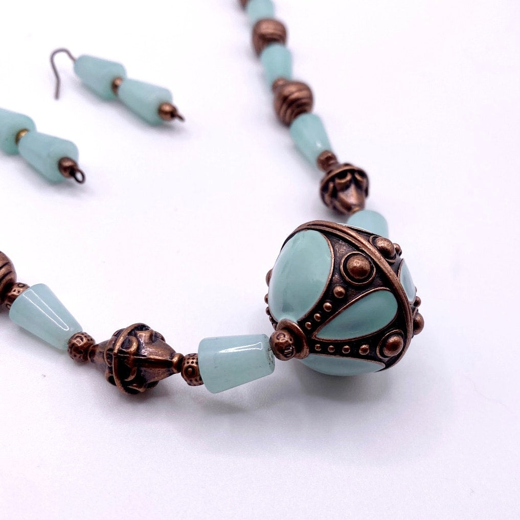 Vntg Handmade Amazonite Gemstones Necklace 18”with Enamel Pendant and Earrings