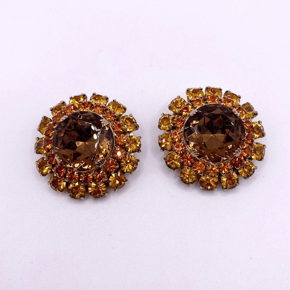 Vntg Yellow Topaz Tone Austrian Crystals Large Clip On Earrings