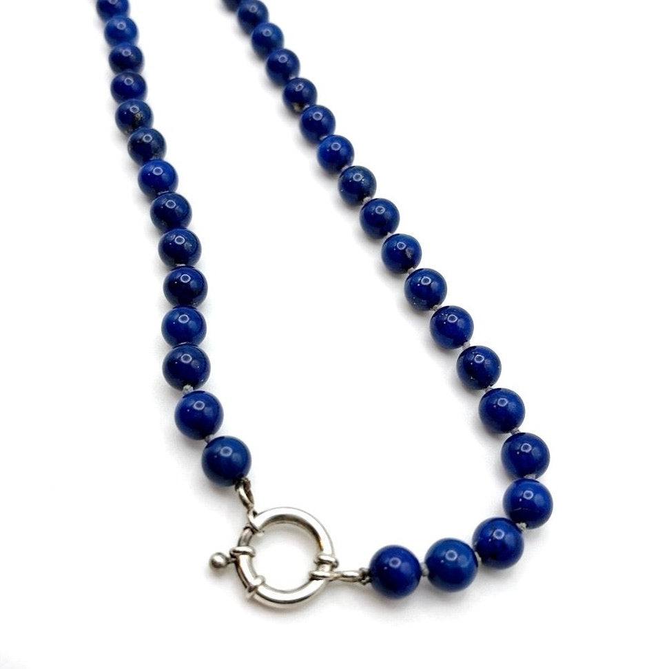 Lapis Lazuli 6mm Knotted Beaded Necklace with Sterling Silver Closure 22”