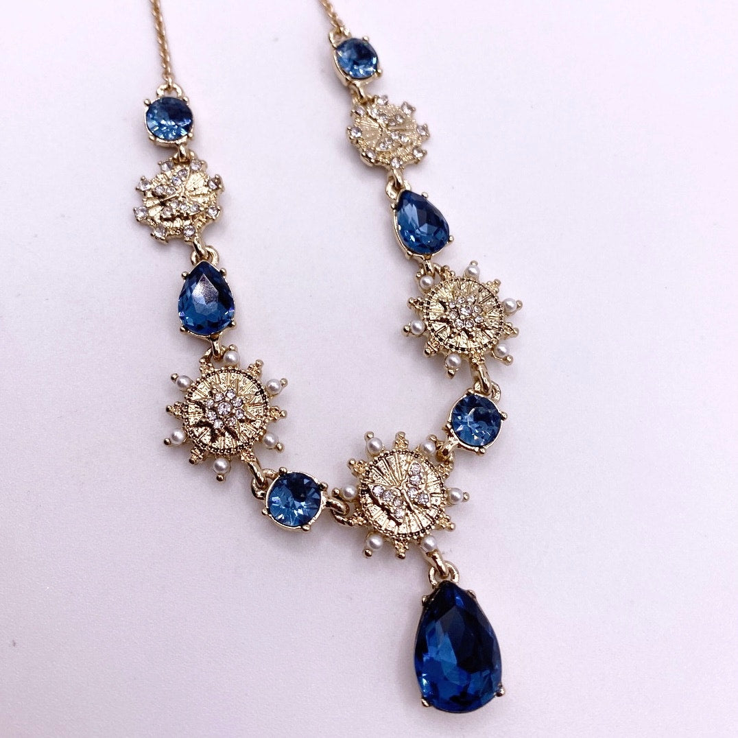 Marchesa Signed Blue Rhinestones Collar Necklace Adjustable 20"