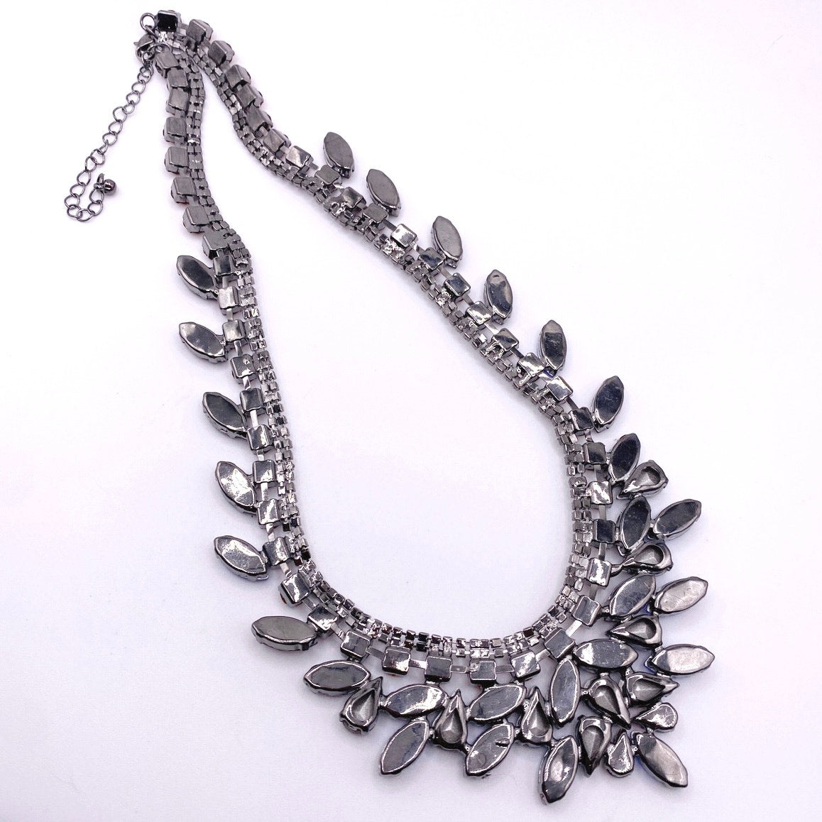 Full Rhinestones Statement Necklace Gunmetal Tone and Blue Orange Purple 18”