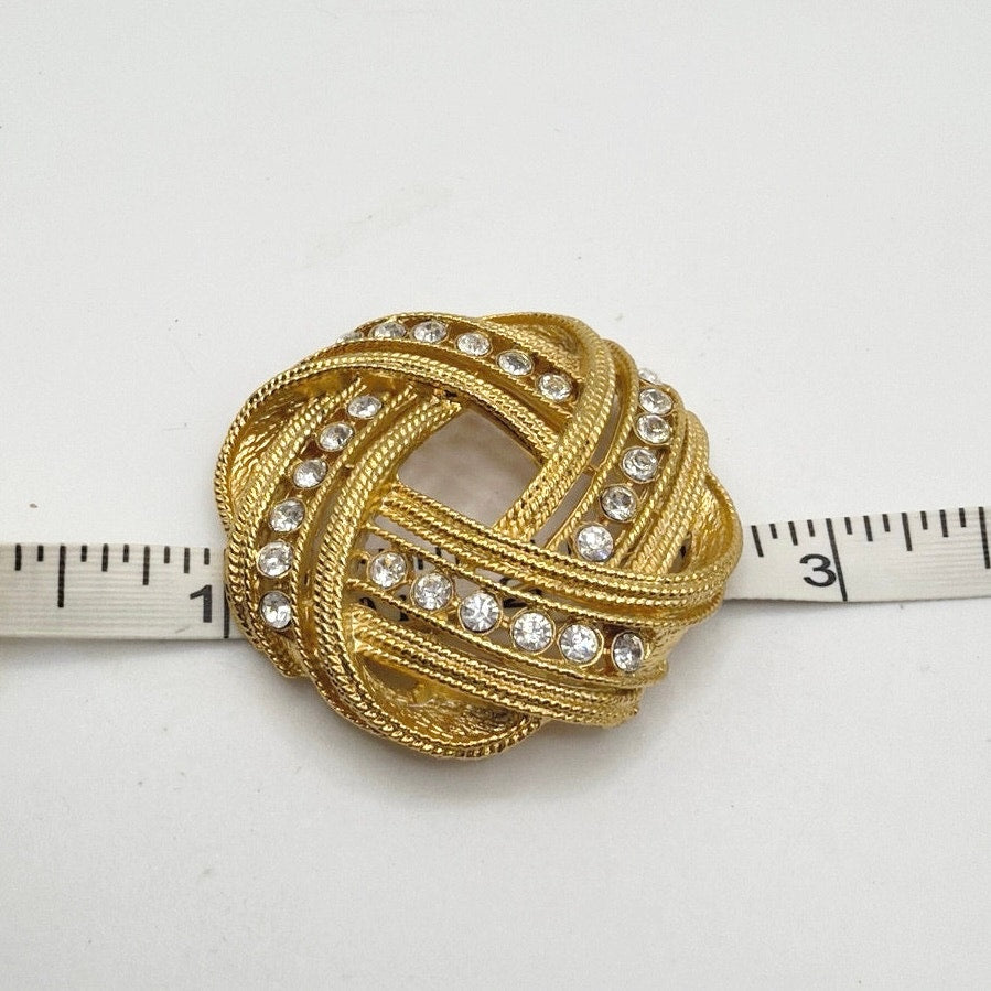 Vintage Brooch Rhinestones knot Gold Tone