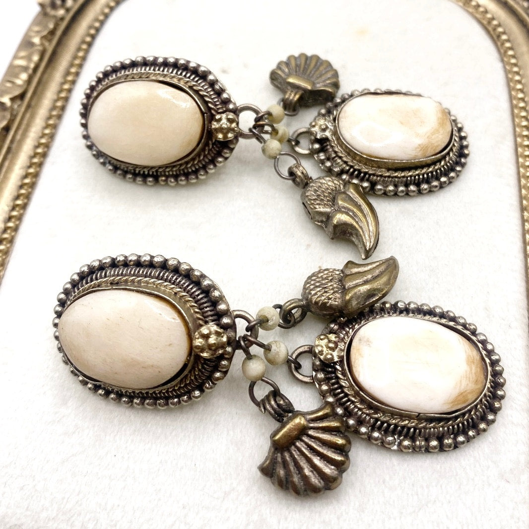 Vintage Dangling Brass Filigree Clip on Earrings and Bone Carved Cabochons 2"