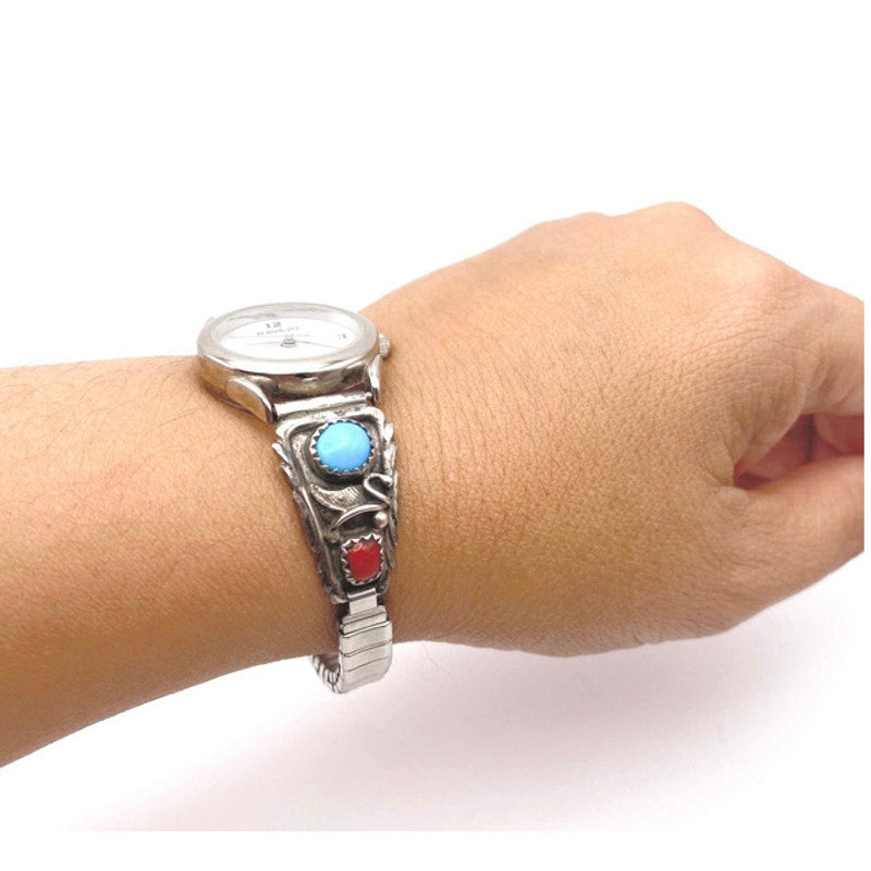 Navajo Sterling Silver Watch Stretchy Wrist Bracelet With Turquoise and Coral
