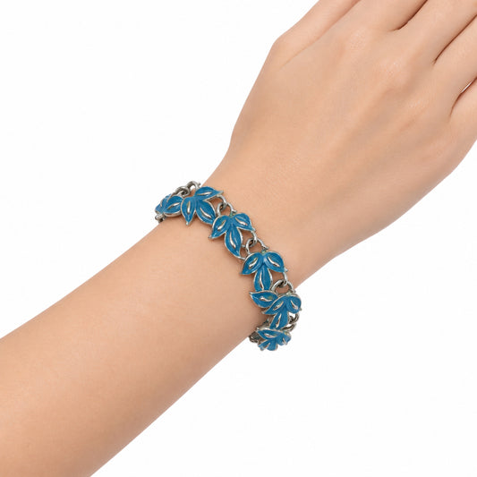 Coro Vintage Blue Enamel Leaves Bracelet Silver Tone 7”