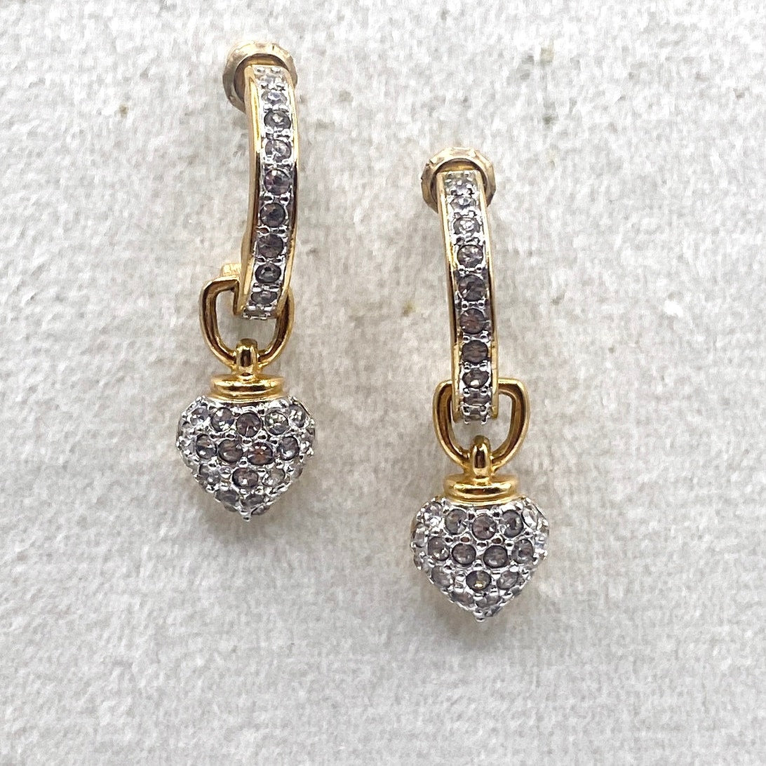 Gold Plated Two Tone Pave Rhinestones Heart Drop Half Hoop Studs