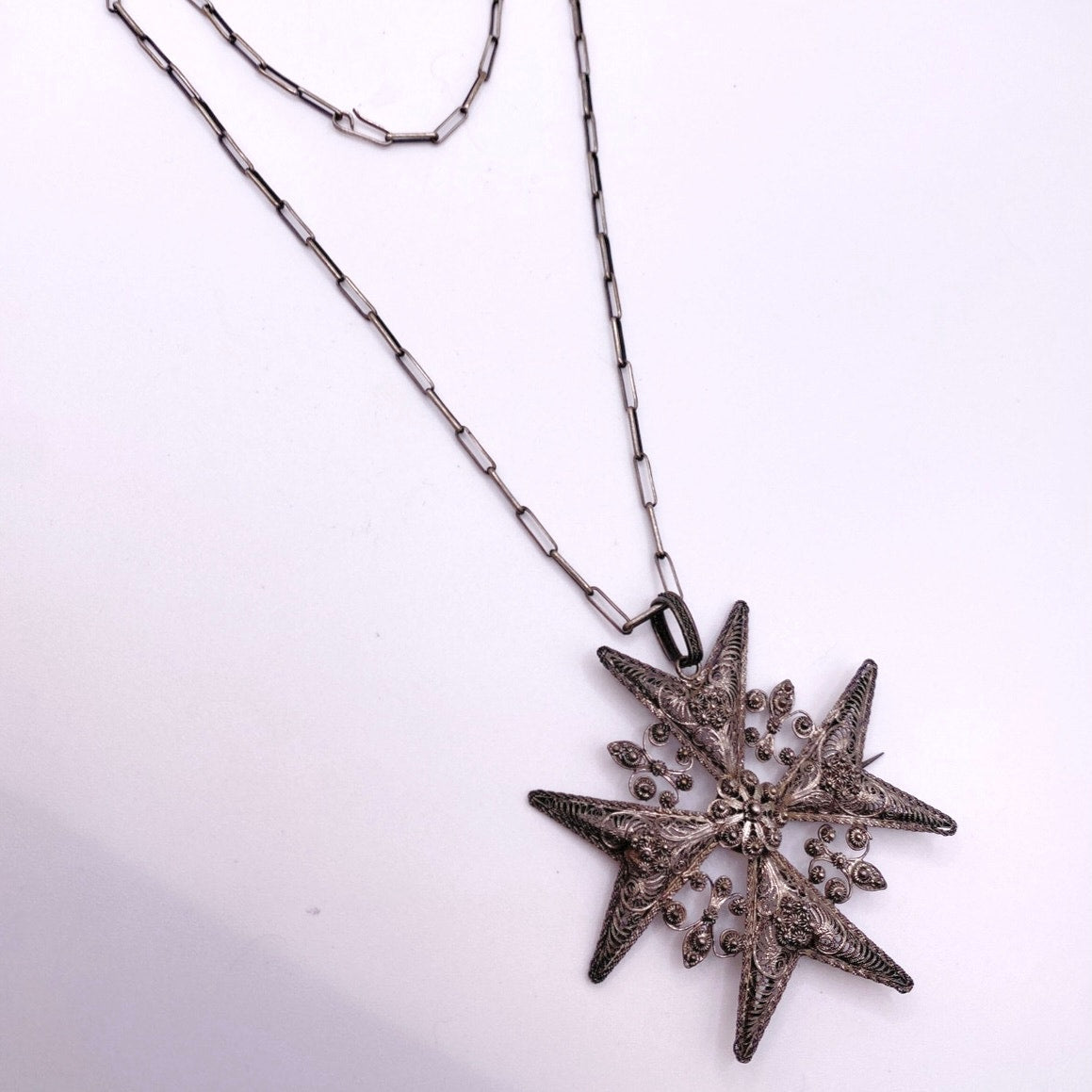 Vintage Metal Artwork Maltese Cross Silver Tone on Paper Clip Necklace 16”