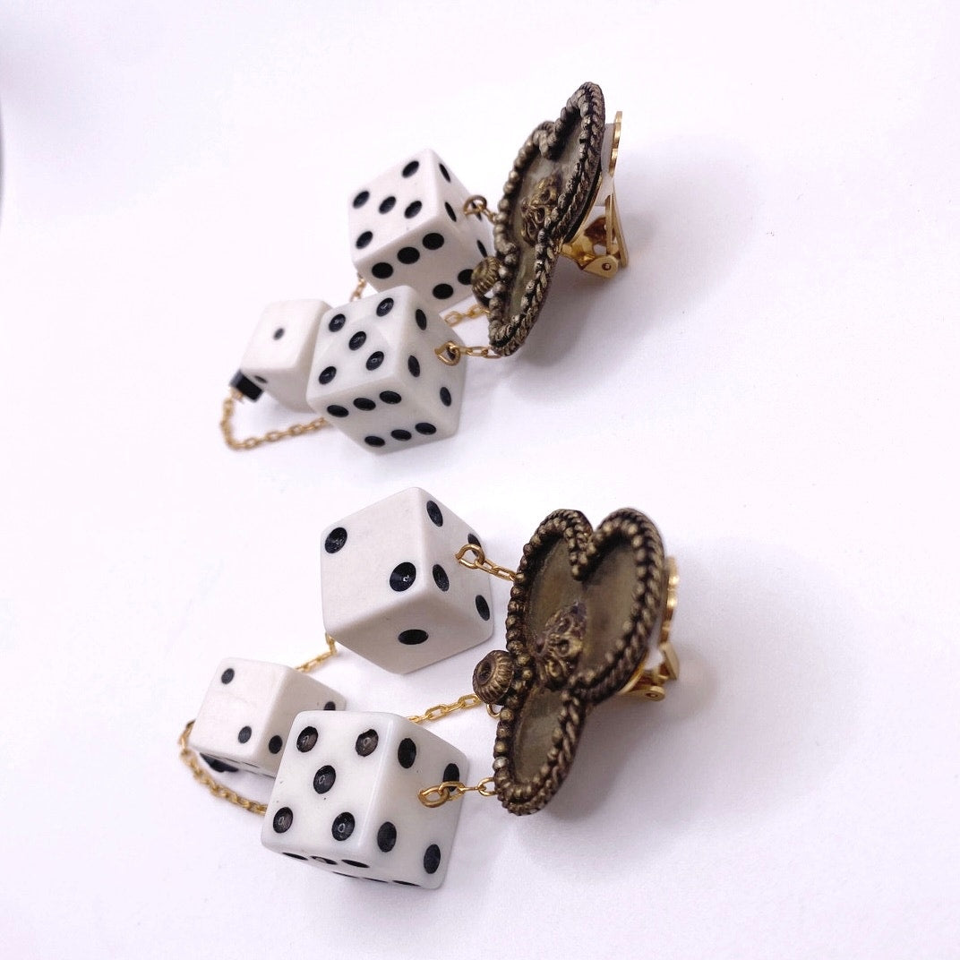 Vintage Brass and Resin Dice Handmade Statement Clip On Earrings 80s Style