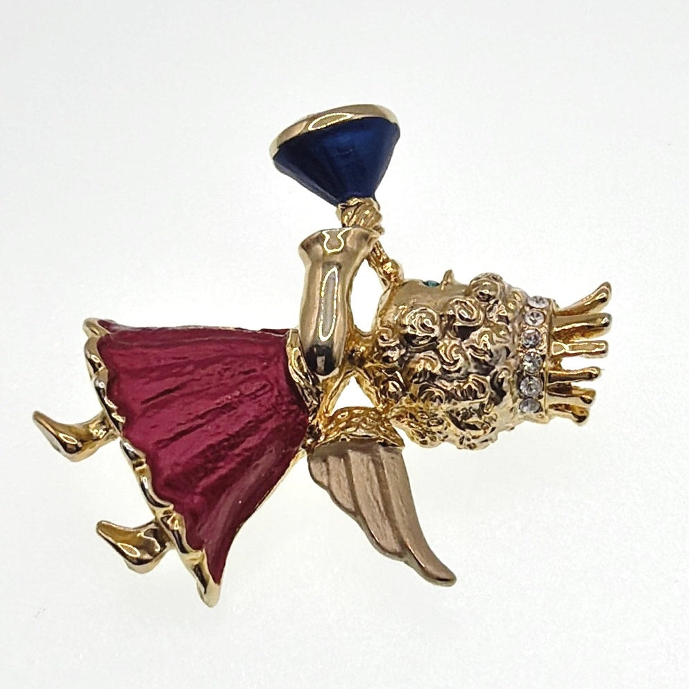 Rhinestones and Enamel Angel with Trumpet Brooch