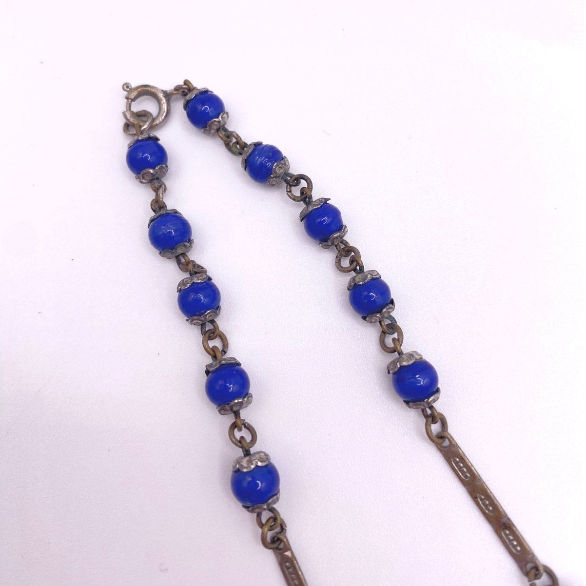 Antique Cobalt Blue Czech Glass Beads Necklace Art Deco 14 inches long Neckline