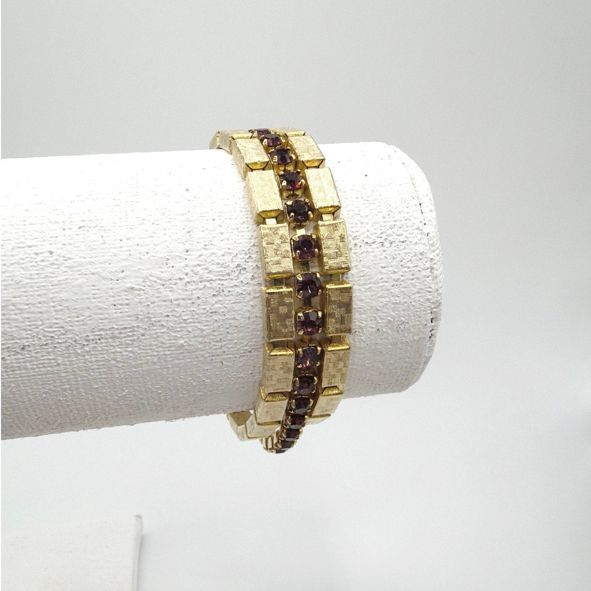 Retro Midcentury Bracelet Gold Tone Boxes Links and Purple Rhinestones 7”