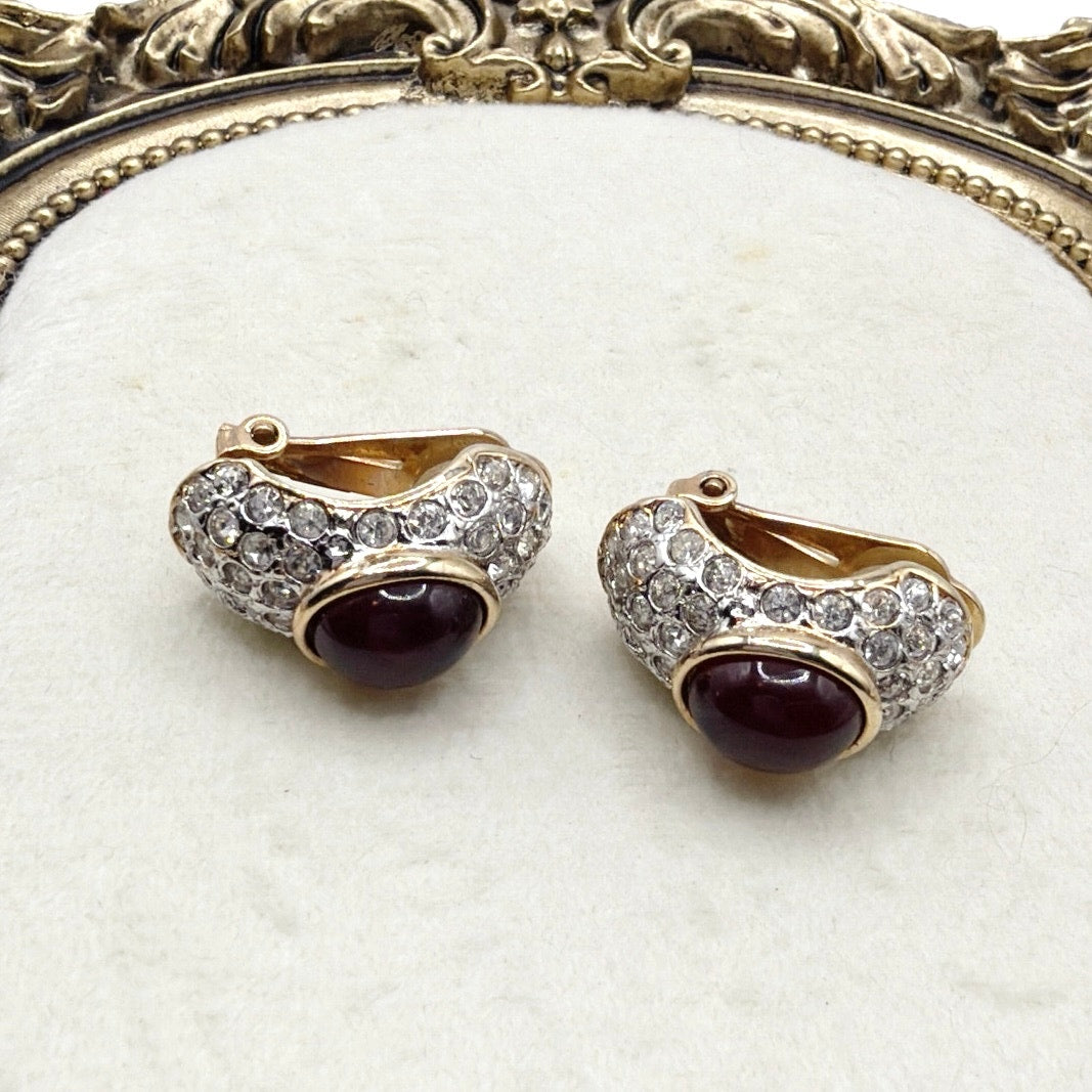 Les Bernard Vintage Clip On Earrings Red Glass Cabochon and Rhinestones 1”