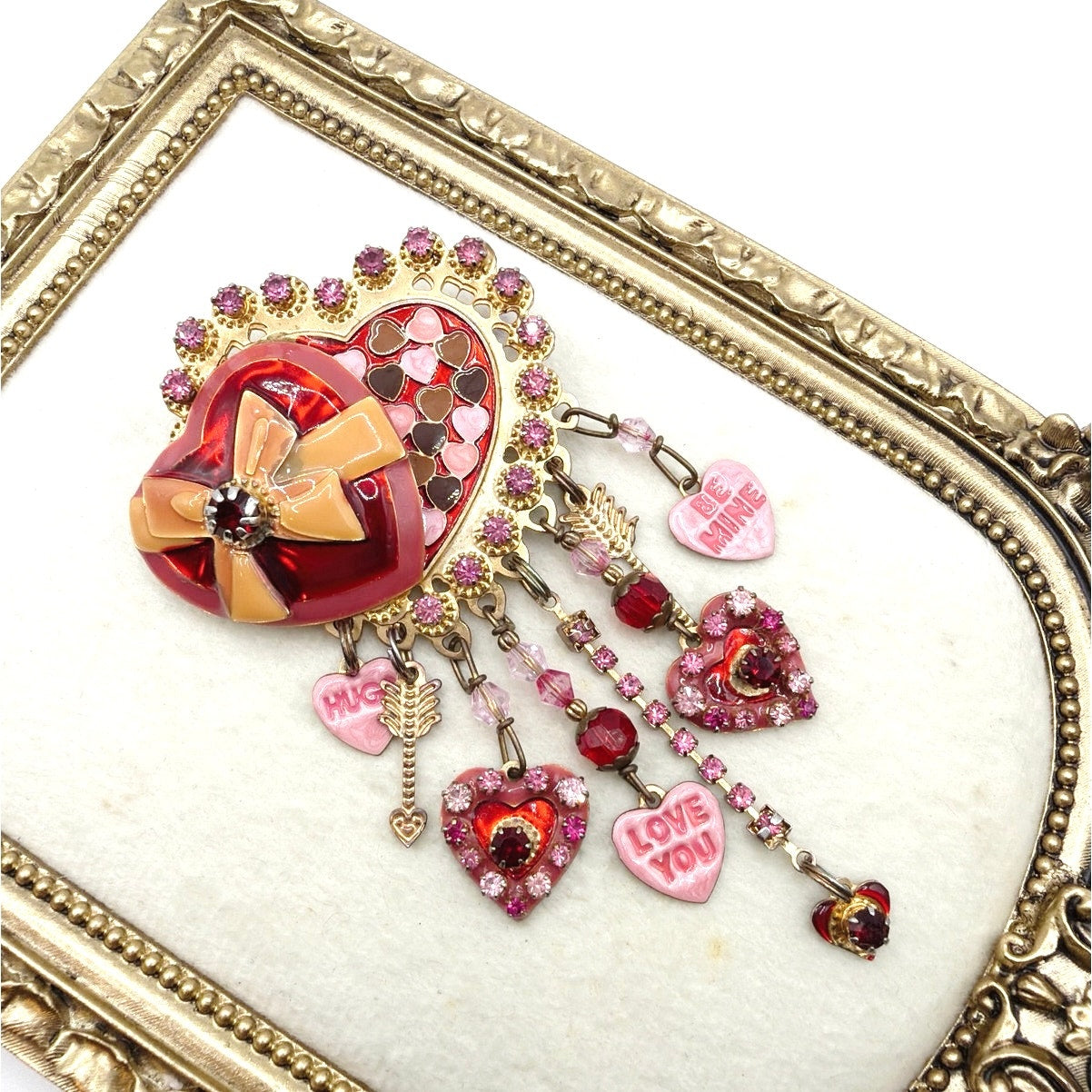 Lunch At The Ritz Pink Valentine Heart Vintage Brooch with Dangling Charms