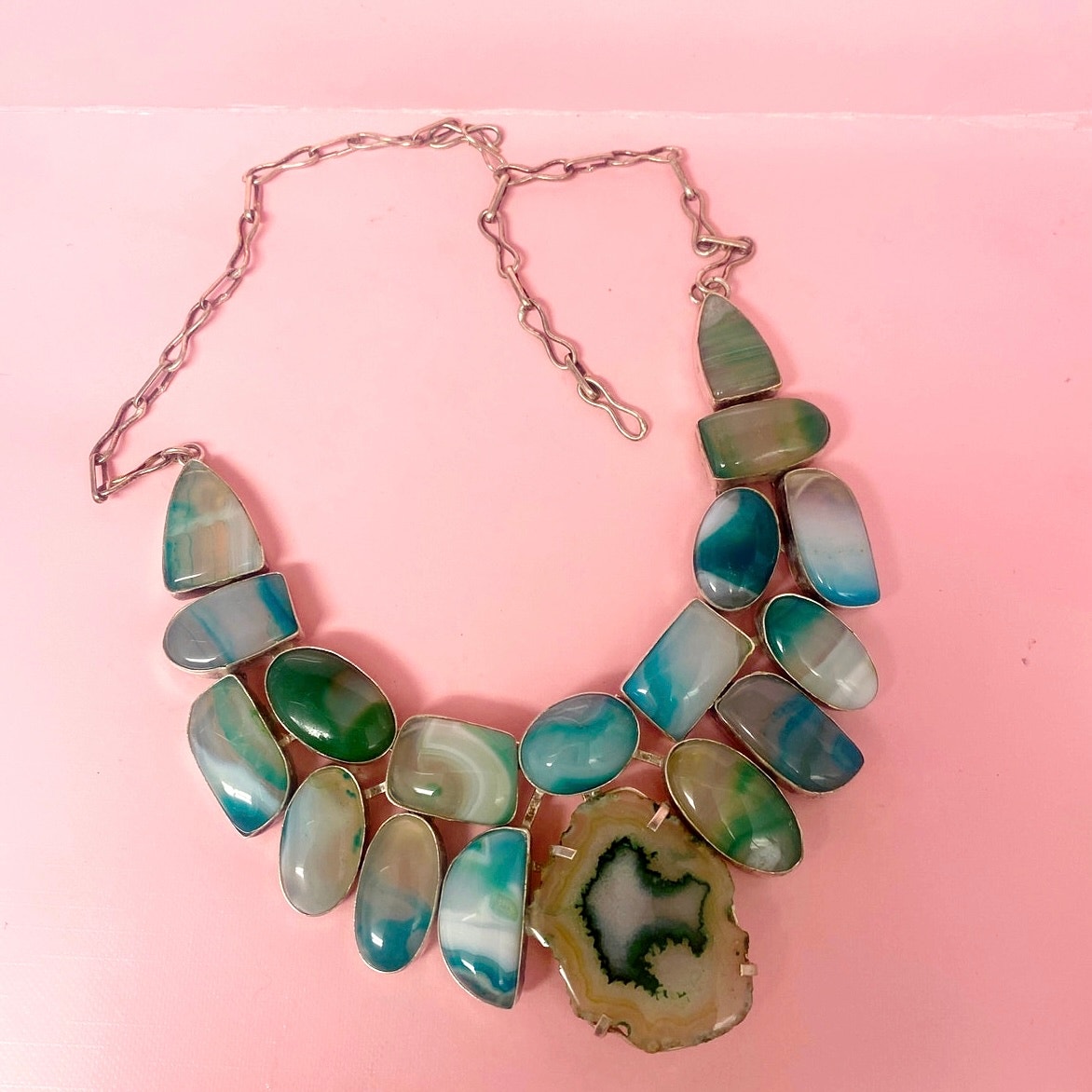 Dyed White Agate Green Tone Sterling Silver Plated Statement Necklace