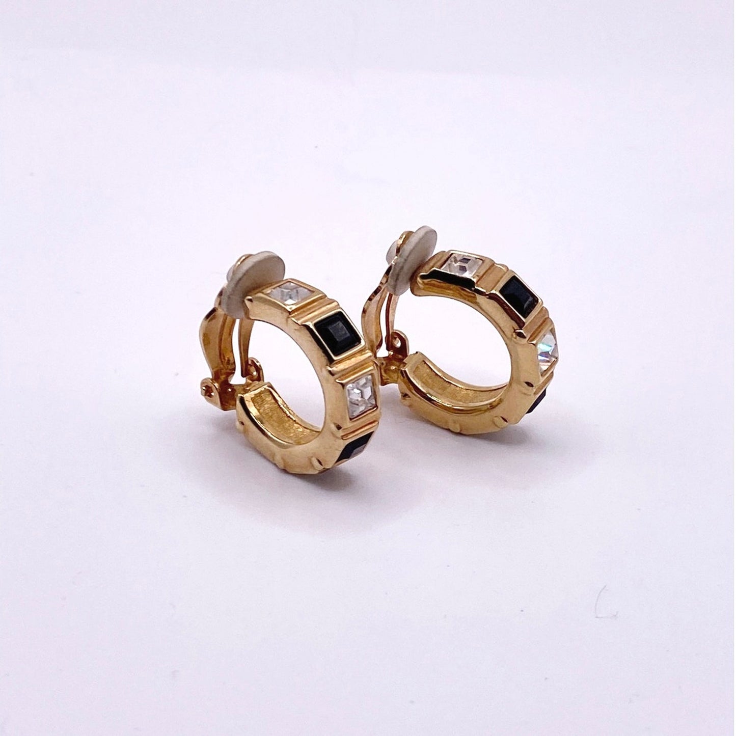 Swarovski Vintage Clip On Earrings Hoops with Black and White Crystals 1”