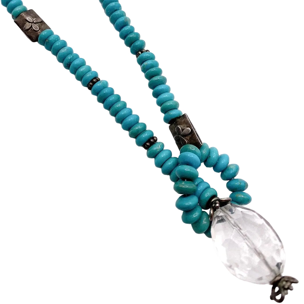 Turquoise and Sterling Silver Necklace 17” with Faceted Quartz Bead Pendant