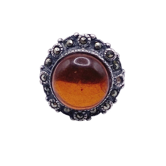 Vintage Sterling Silver and Amber Stone Ring Size 6 with Marcasite Midcentury