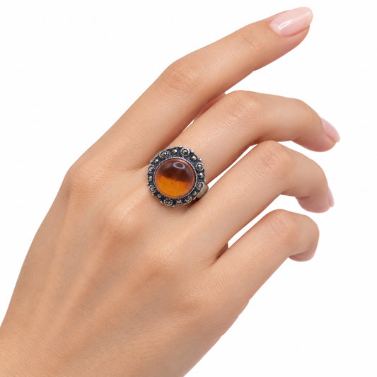 Sterling Silver Amber Ring with Marcasite Accent Details, Size Six Ring, 1950s Midcentury Design - alternate view