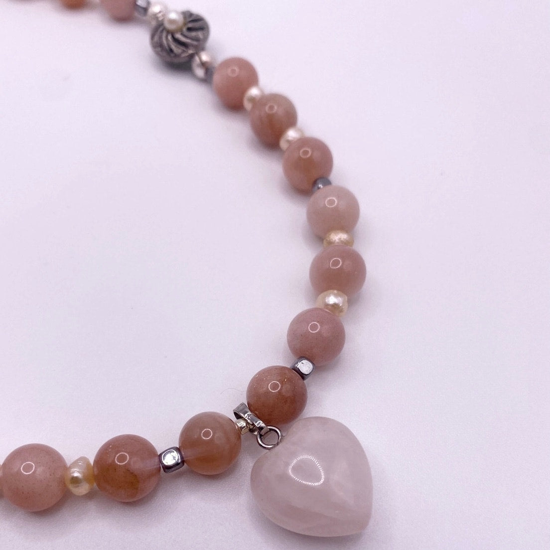 Rose Quartz Heart Sunstone and freshwater Pearls, Hematite Beads Necklace 16”
