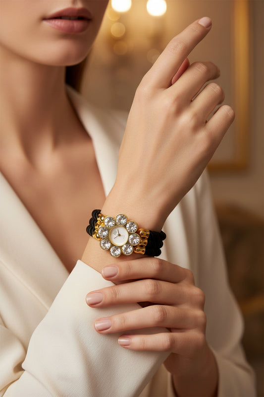 Park Lane Vintage Flower Woman Watch With Sparkly Crystals and Fabric Cords 7”