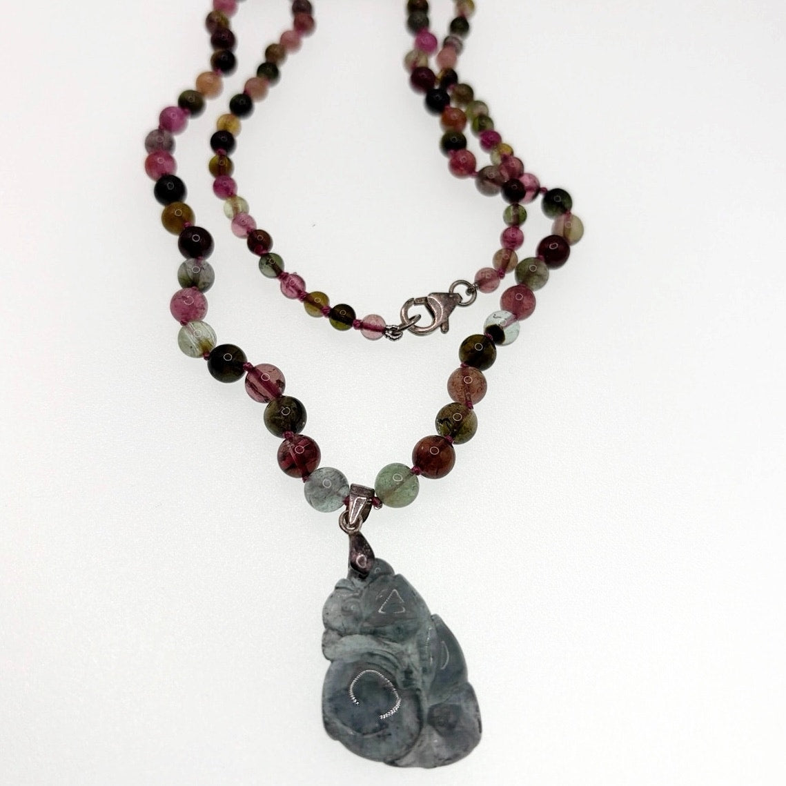Large Tourmaline 24” Necklace With Carved Stone Pendant and Sterling Closure