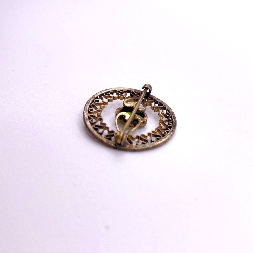 Antique Edwardian Era Brass filigree Small Brooch With Bohemian Green Glass Stone