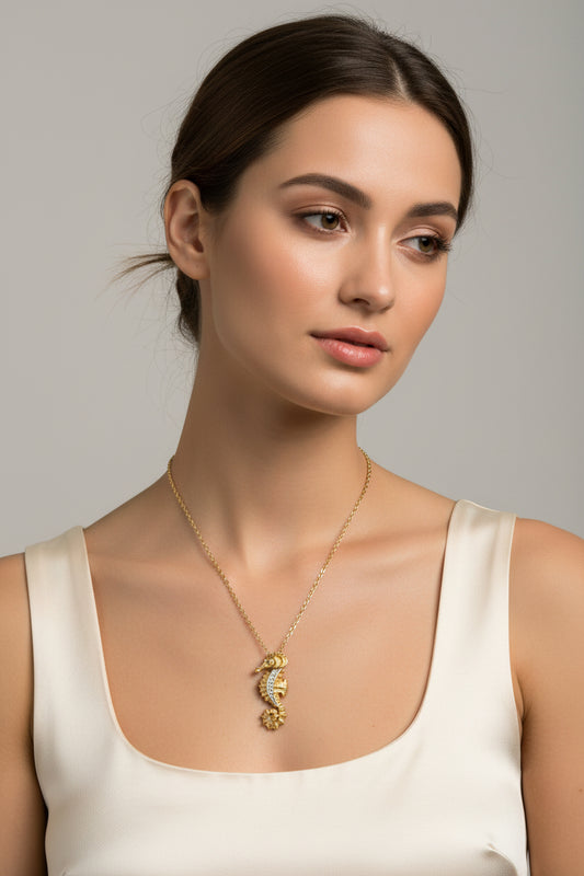 J.Jay Signed Vintage Necklace with Sea Horse Pendant Gold Tone and Rhinestones