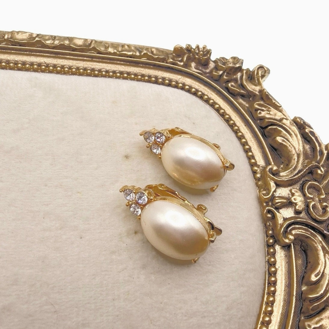 Trifari Faux Pearl Clip On Earrings