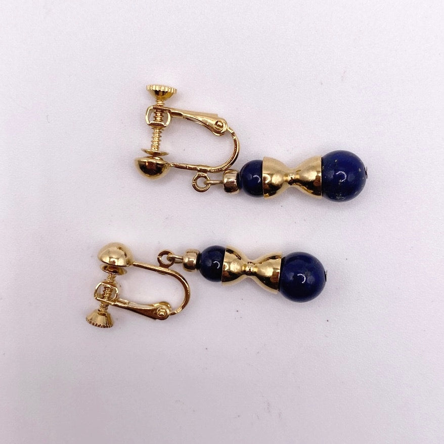 Vintage Gold Filled Dainty Screw Back Earrings With Lapis Lazuli Beads