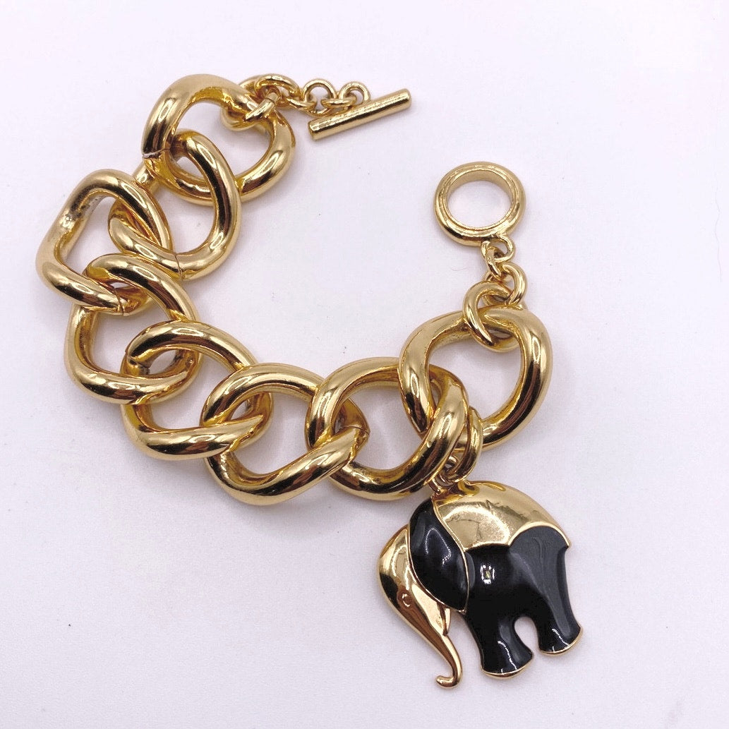 Trina Turk Vintage Chunky Links Bracelet Gold Tone Elephant Charm 8”