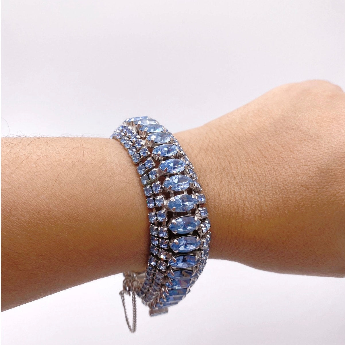 Sapphire Blue Rhinestones And Silver Tone Vintage Necklace and Bracelet Set