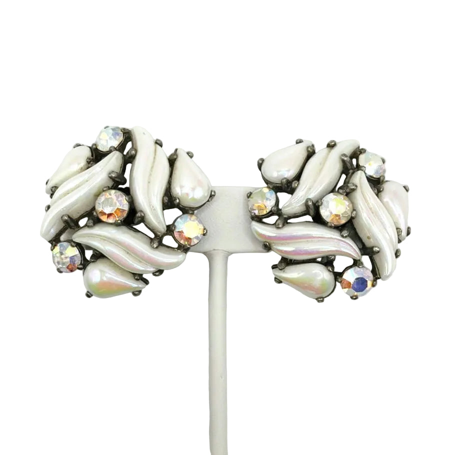 Elsa Schiaparelli AB White Molded Glass Earrings and Brooch Set