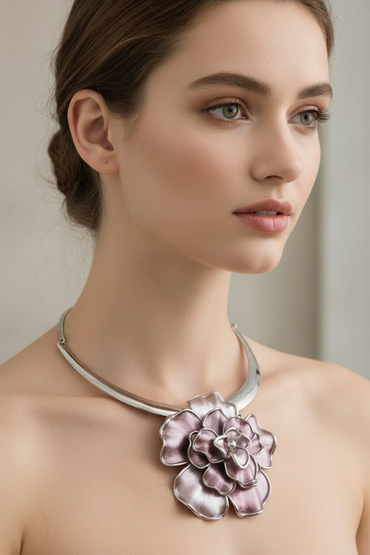 Purple Enamel Flower Pendant Bib Adjustable 20" Necklace