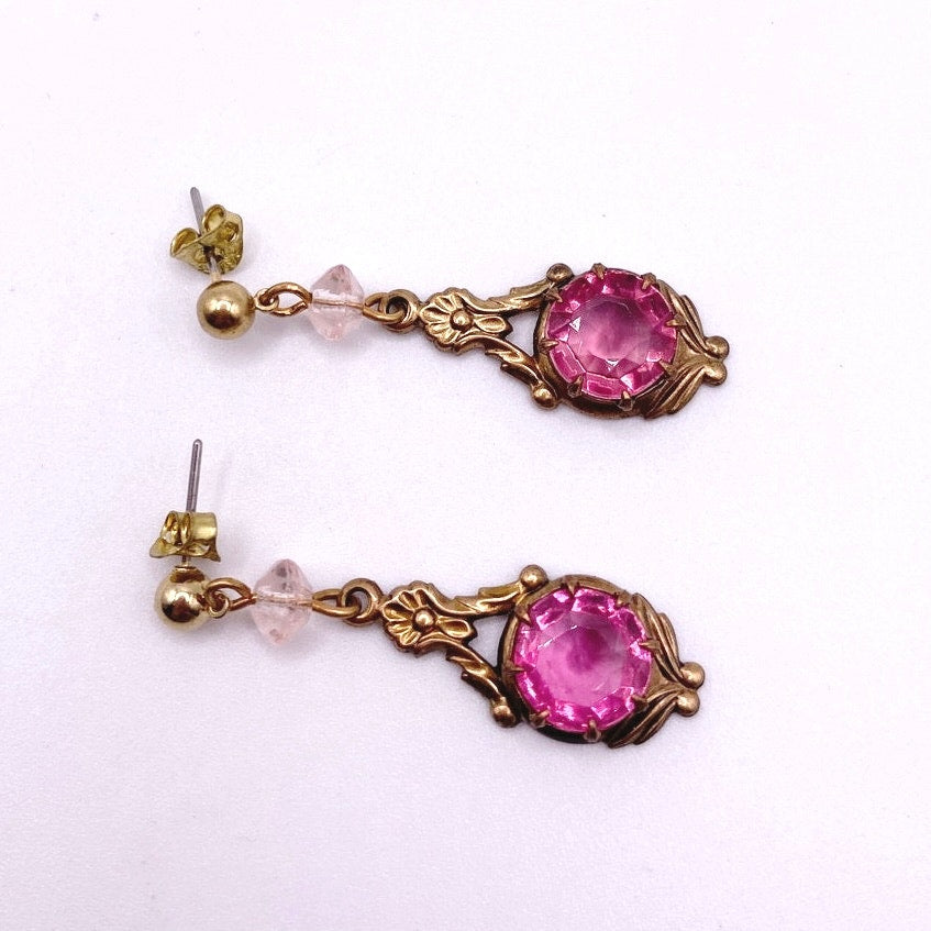 Vintage Brass Filigree Dangling Earrings Lustrous Pink Rhinestones
