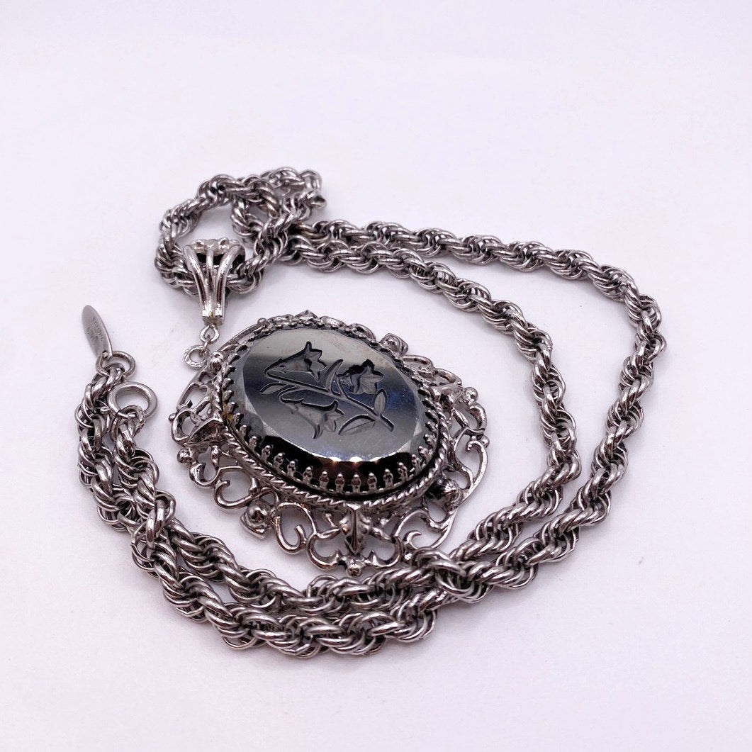 Vintage Whiting Davis Hematite Floral Reverse Cameo 22”