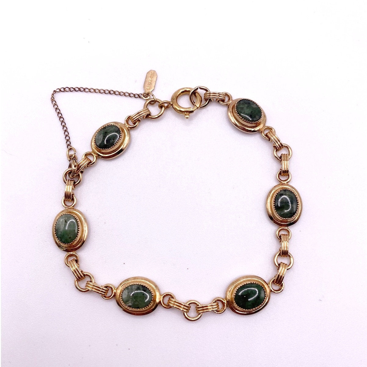 Sarah Coventry Signed 12K GF Bracelet Link with Jade Stones Size 7”