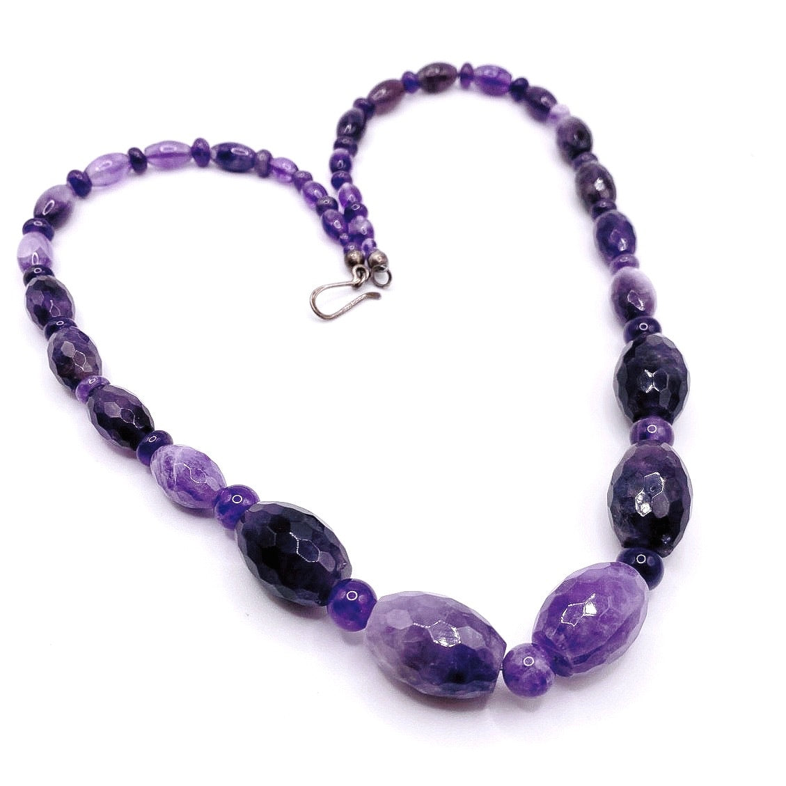 Desert Rose Trading Signed Faceted Amethyst Barrel Beads Necklace and Sterling Silver