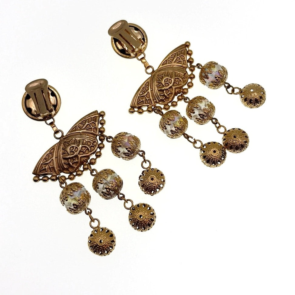 Vintage Brass Clip On Statement Butterfly Chandelier Earrings with AB Beads