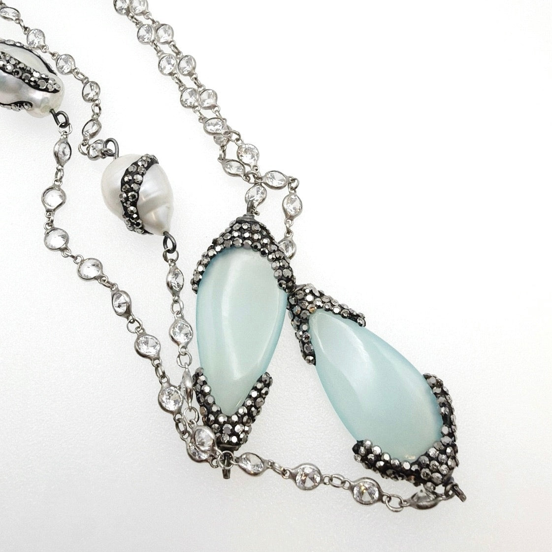 Sterling Silver Necklace Chalcedony Charms and Fresh Water Pearls 40”