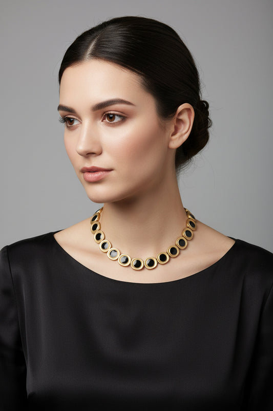 Napier Vintage Brushed Gold Tone and Black Enamel Necklace 16”