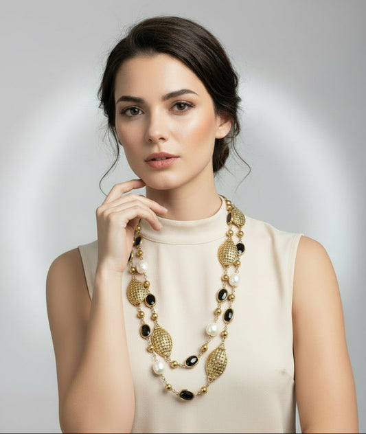 Vintage Extra Long Necklace Faux Pearl and Black Lucite 40”