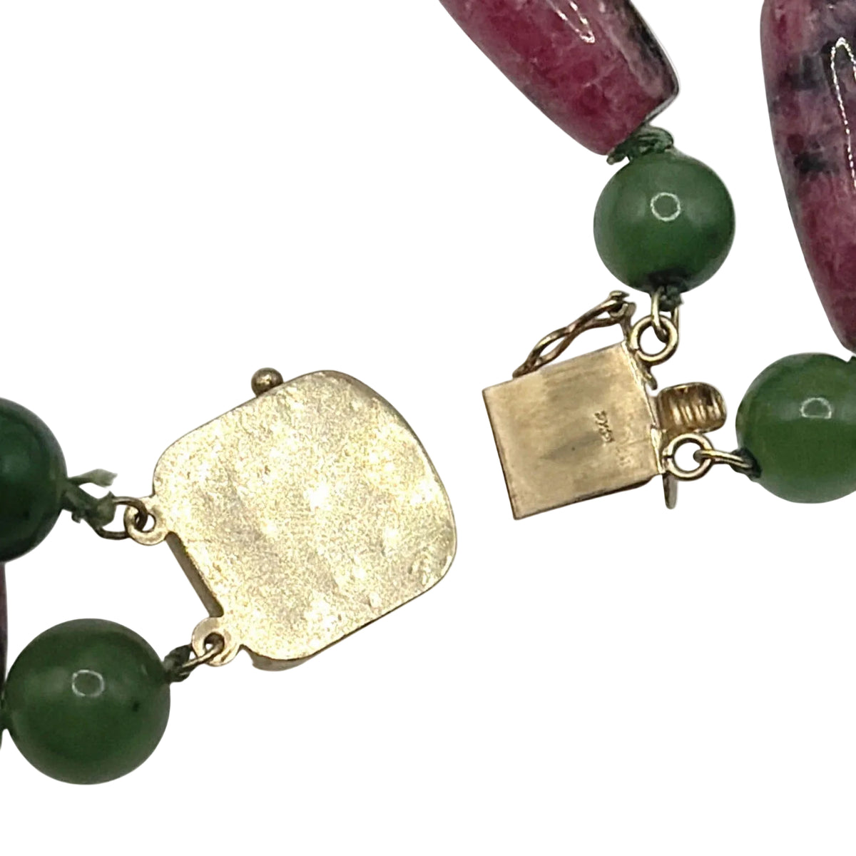 14k Gold Box Closure Vintage Rhodonite Barrel Stones Necklace and Bracelet Set