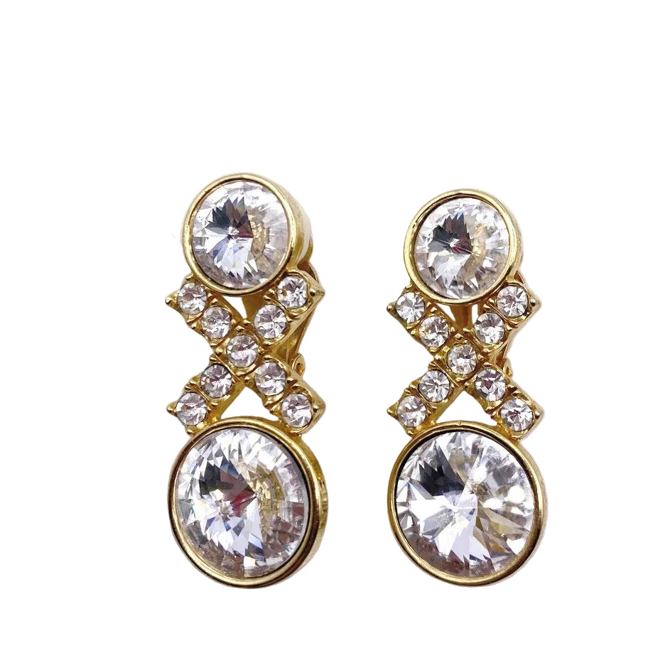 Vintage Clip On Earrings Ravioli White Stones and Rhinestones Gold Tone