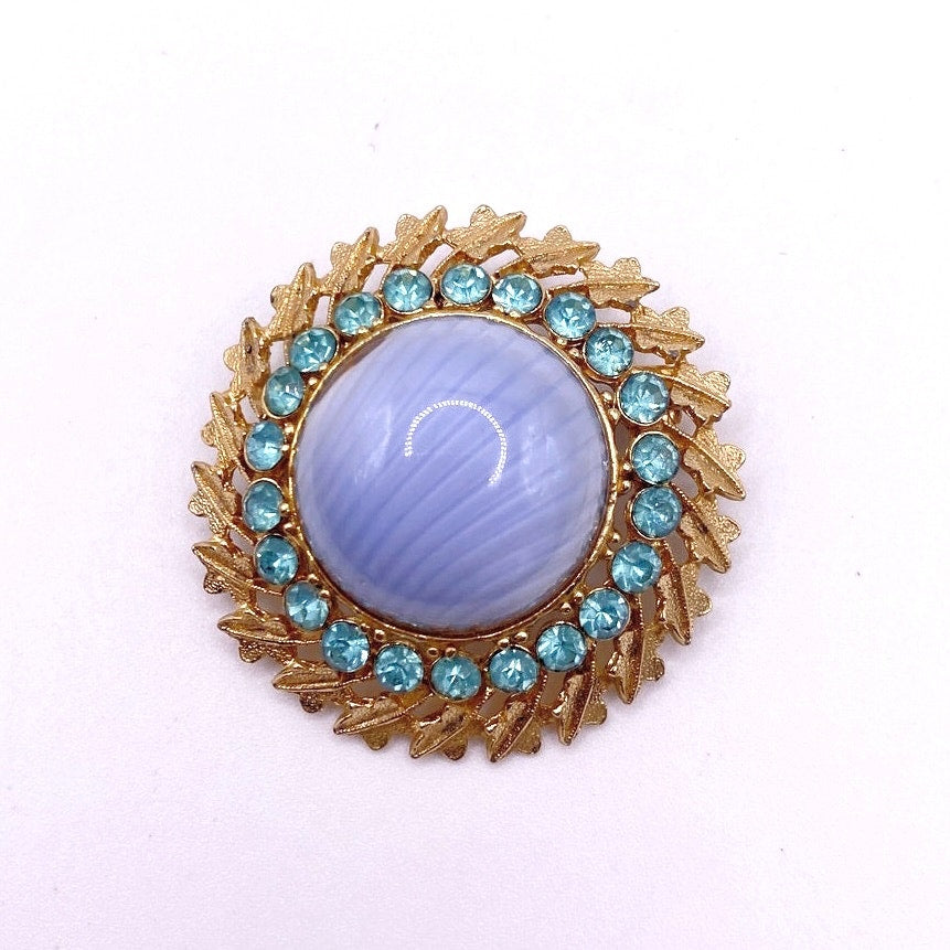 Vintage Vintage Blue Marbled Domed Art Glass & Blue Rhinestones Pin Brooch 2”