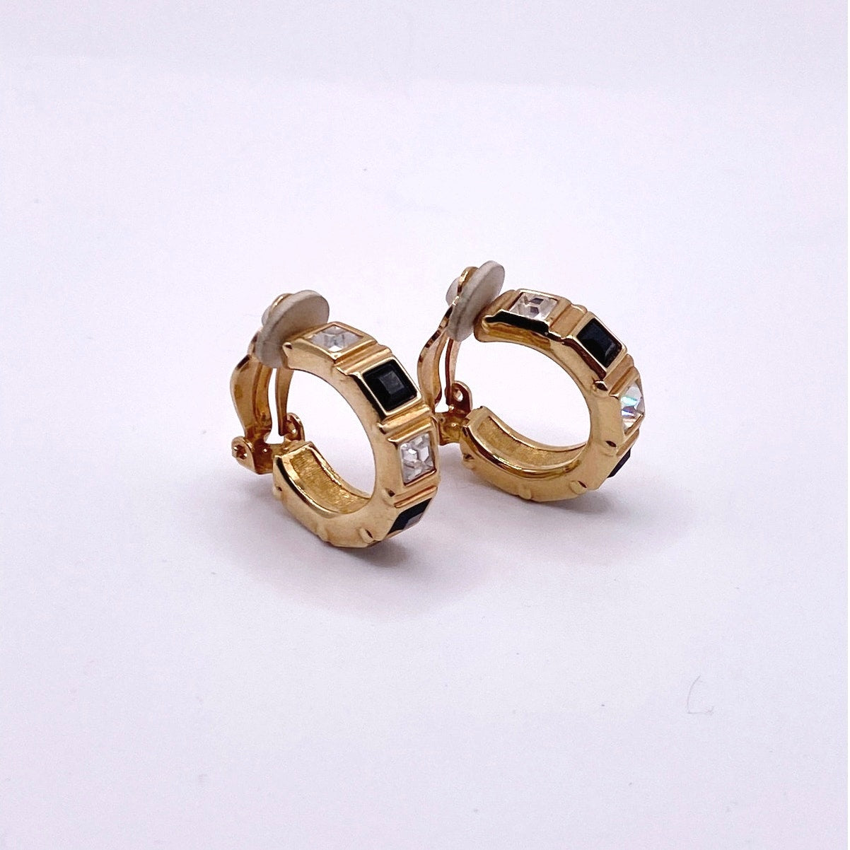 Swarovski Vintage Clip On Earrings Hoops with Black and White Crystals 1”