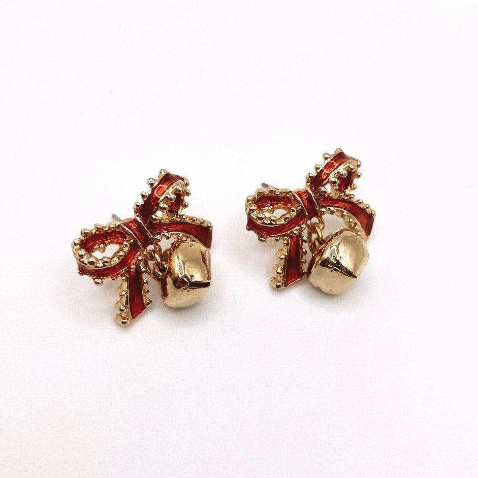 Vintage Red Enamel Bow Earrings with Dangling Bell