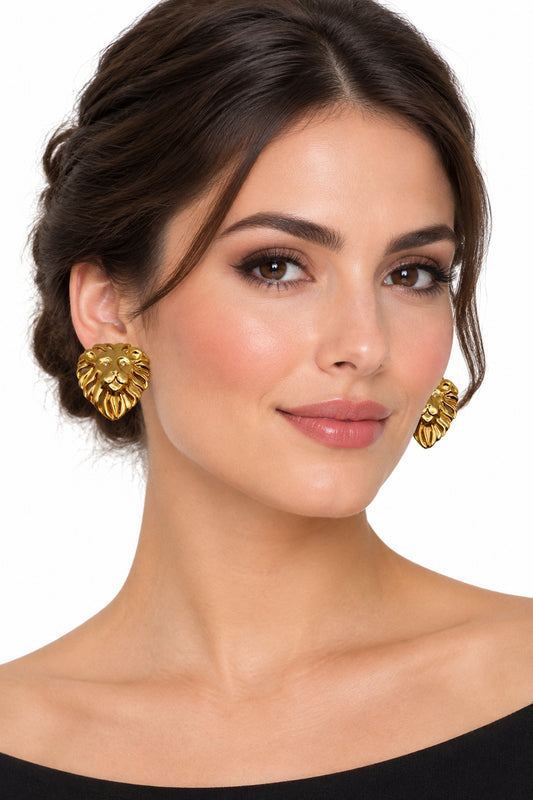 Lion Head Clip-On Earrings with Gold Tone Metal Finish, Bold Retro Statement Design, Excellent Vintage Condition - alternate view