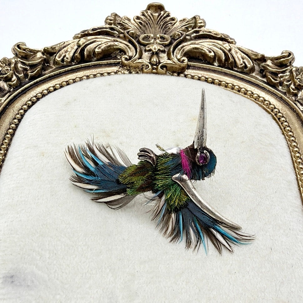 Sterling Silver Hummingbird with Feathers and Ruby Eye Artisan Handmade Pin 2”