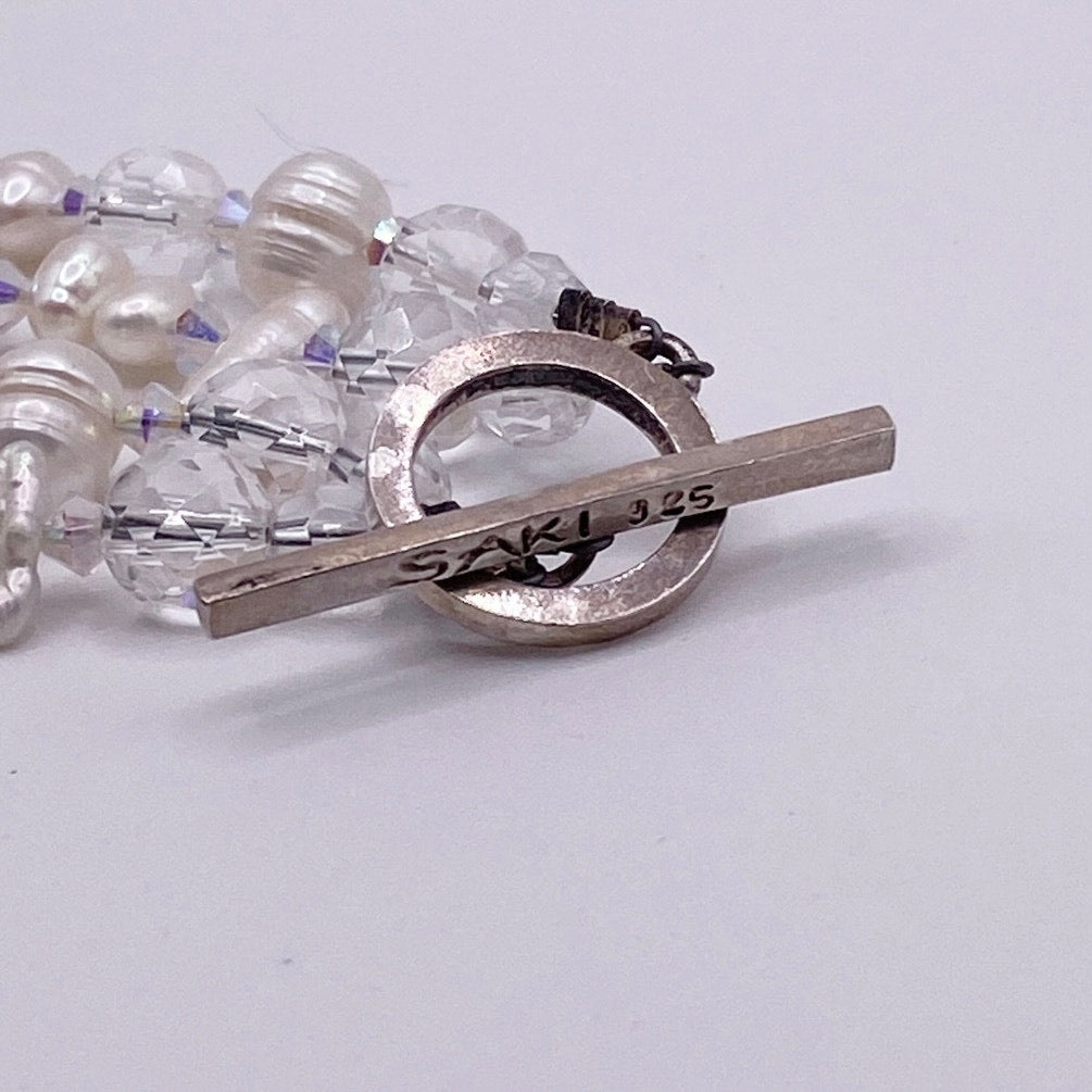 Saki Sterling Silver Necklace With Mother of Pearl and Faceted Quartz Stones 16”