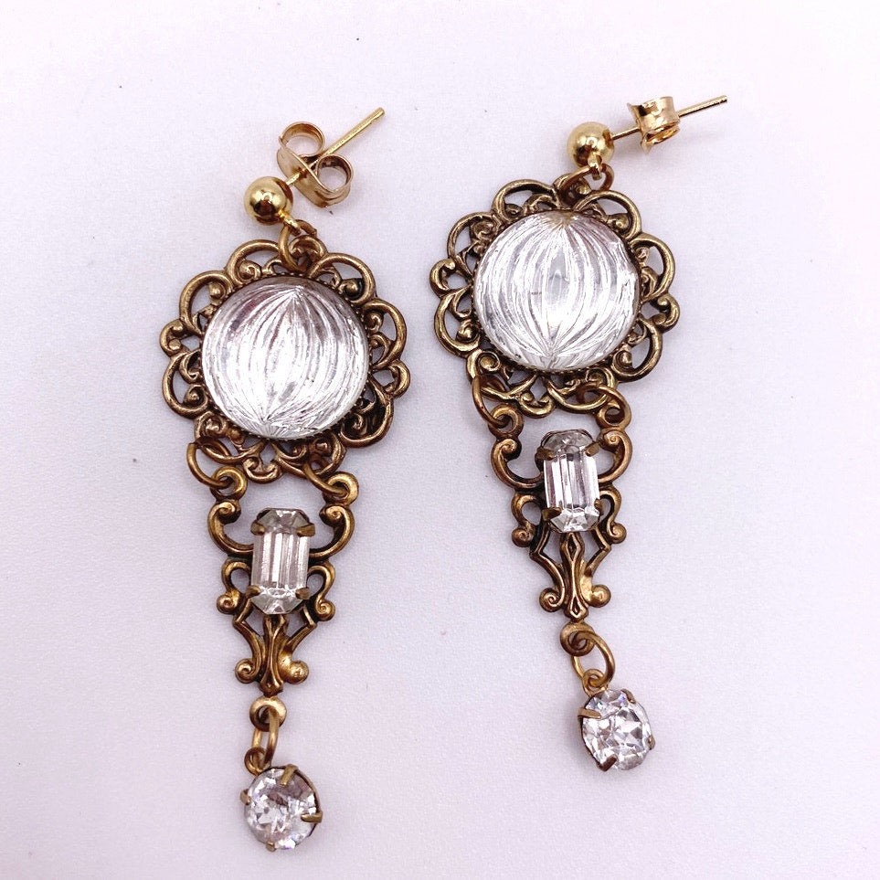 Vntg Dangling Earrings Filigree Brass with White Rhinestones and Glass Stones